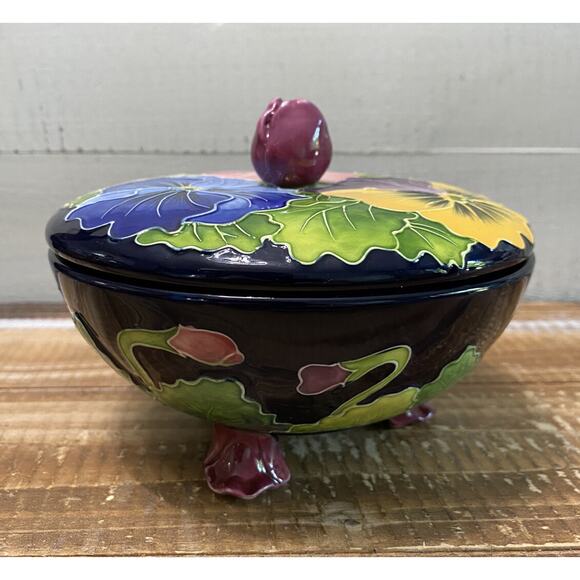 New NIB 2004 J. McCall Lidded Trinket Candy Dish Blue Skys Pansy & Rose Flowers - Picture 4 of 12
